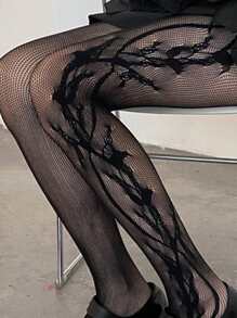 ROMWE Goth Graphic Fishnet Tights - Black - View 4