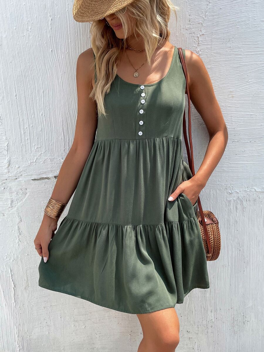 SHEIN LUNE Vestido smock con bolsillo oculto bajo con fruncido - Verde militar - Ver 1
