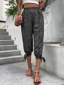 Breezaya Ditsy Floral Print Knot Hem Trousers - Black and White - View 6