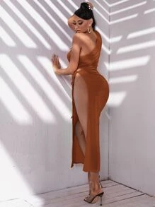 SHEIN SXY 單肩抽繩打結側邊開叉大腿洋裝 - 棕色 - 查看 2