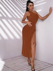 SHEIN SXY 單肩抽繩打結側邊開叉大腿洋裝 - 棕色 - 查看 3