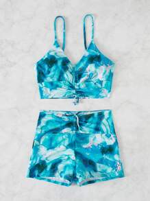 Summer Beach Marble Print Drawstring Tankini - Multicolor - View 7