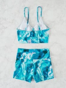 Summer Beach Marble Print Drawstring Tankini - Multicolor - View 5