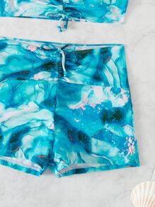 Summer Beach Marble Print Drawstring Tankini - Multicolor - View 3