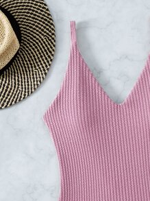 Cross Back One Piece Swimsuit, For Summer Beach Vacation - Dusty Pink - View 5
