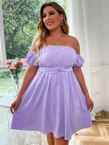 Plus Off Shoulder Twist Front Tie Back Dress - Lilac Purple - View 3