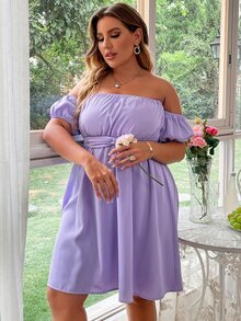 Plus Off Shoulder Twist Front Tie Back Dress - Lilac Purple - View 2