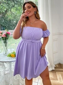 Plus Off Shoulder Twist Front Tie Back Dress - Lilac Purple - View 1