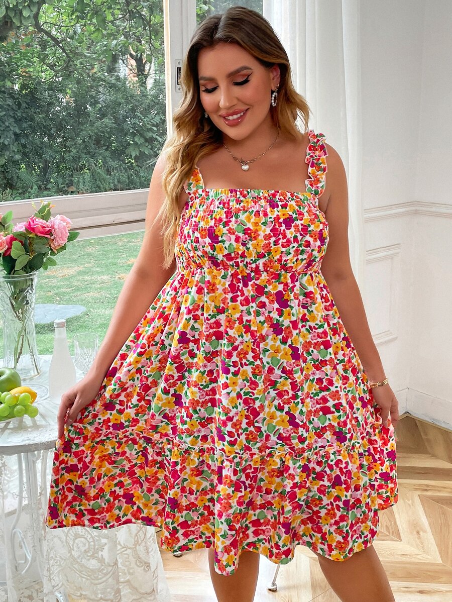 Flirla 大碼滿版印花打褶荷葉邊吊帶連衣裙 - 紅色 - 查看 1