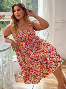 Flirla 大碼滿版印花打褶荷葉邊吊帶連衣裙 - 紅色 - 查看 2