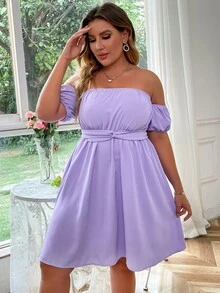 Plus Off Shoulder Twist Front Tie Back Dress - Lilac Purple - View 6