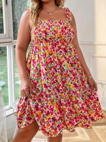 Flirla 大碼滿版印花打褶荷葉邊吊帶連衣裙 - 紅色 - 查看 5