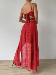SHEIN Belle 圓點前扭結後背繫帶圍裹吊帶連衣裙 - 紅色 - 查看 2