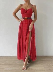 SHEIN Belle 圓點前扭結後背繫帶圍裹吊帶連衣裙 - 紅色 - 查看 3