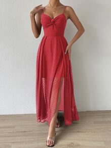 SHEIN Belle 圓點前扭結後背繫帶圍裹吊帶連衣裙 - 紅色 - 查看 6