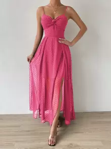SHEIN Belle 圓點前扭結後背繫帶圍裹吊帶洋裝不附腰帶 - 玫紅色 - 查看 1