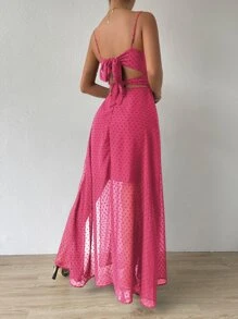 SHEIN Belle 圓點前扭結後背繫帶圍裹吊帶洋裝不附腰帶 - 玫紅色 - 查看 2