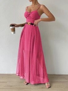 SHEIN Belle 圓點前扭結後背繫帶圍裹吊帶洋裝不附腰帶 - 玫紅色 - 查看 5