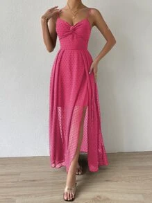 SHEIN Belle 圓點前扭結後背繫帶圍裹吊帶洋裝不附腰帶 - 玫紅色 - 查看 6