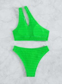 Bikini verde neón de un hombro con corte alto para el verano - Verde Lima - Ver 4
