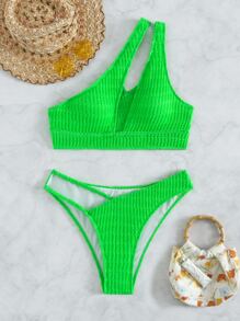 Bikini verde neón de un hombro con corte alto para el verano - Verde Lima - Ver 8