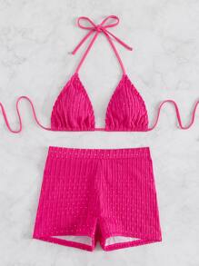 BamGleam Summer Beach Schiffy Tie Back Halter Bikini - Hot Pink - View 4