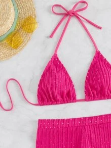 BamGleam Summer Beach Schiffy Tie Back Halter Bikini - Hot Pink - View 5