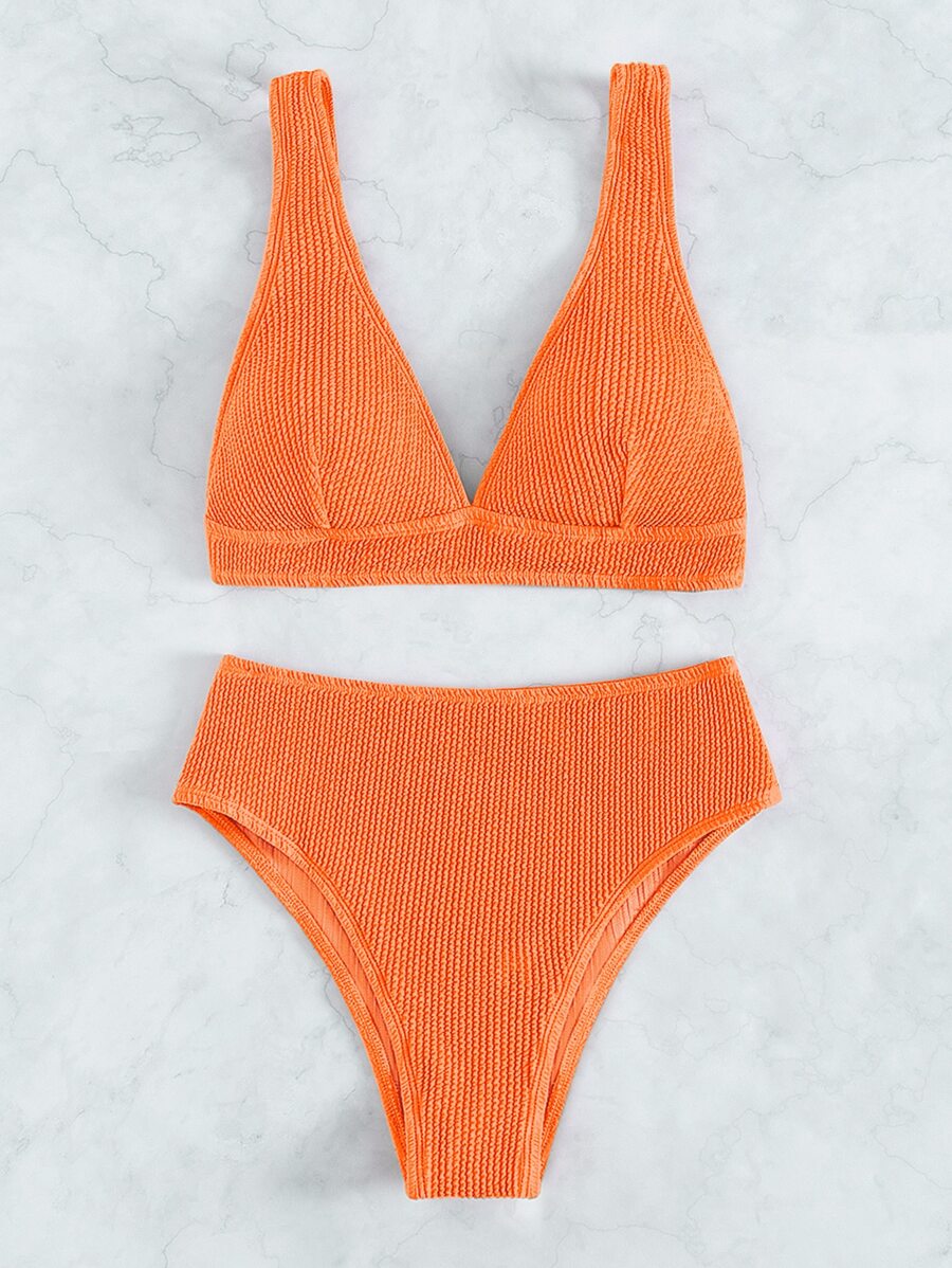 Plain Textured Bikini For Summer Beach - Orange - View 1