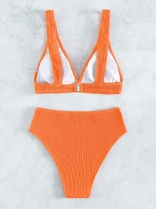 Plain Textured Bikini For Summer Beach - Orange - View 2