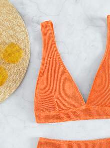 Plain Textured Bikini For Summer Beach - Orange - View 3