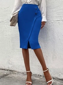 高腰紐扣細節開衩半身裙 - 寶藍色 - 查看 1