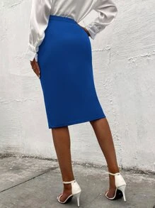 高腰紐扣細節開衩半身裙 - 寶藍色 - 查看 2