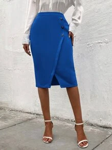 高腰紐扣細節開衩半身裙 - 寶藍色 - 查看 5