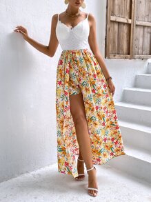 Floral Print Contrast Lace Bustier Draped Detail Cami Romper - Multicolor - View 1