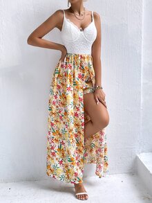 Floral Print Contrast Lace Bustier Draped Detail Cami Romper - Multicolor - View 3