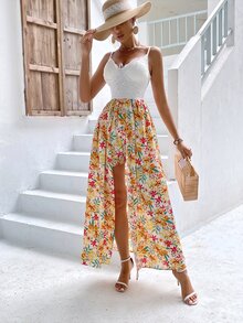 Floral Print Contrast Lace Bustier Draped Detail Cami Romper - Multicolor - View 5