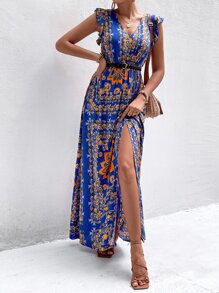 SHEIN LUNE 印花蝴蝶袖高開叉連衣裙不附腰帶 - 彩色 - 查看 2