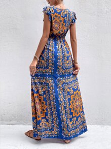 SHEIN LUNE 印花蝴蝶袖高開叉連衣裙不附腰帶 - 彩色 - 查看 3