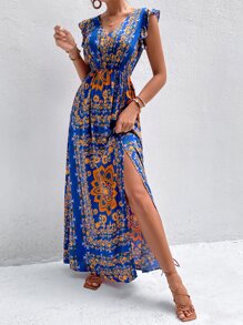 SHEIN LUNE 印花蝴蝶袖高開叉連衣裙不附腰帶 - 彩色 - 查看 4