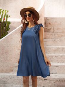 Breezaya Vestido túnico ribete con fruncido de espalda con abertura de ojo - Azul - Ver 6