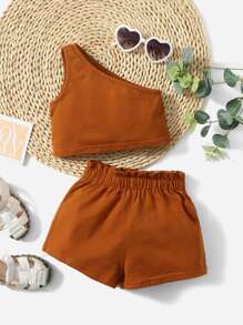 SHEIN 嬰兒單肩上衣和紙袋型腰短褲 - 棕色 - 查看 1