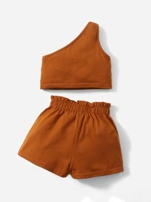 SHEIN 嬰兒單肩上衣和紙袋型腰短褲 - 棕色 - 查看 2