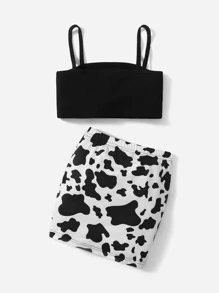 SHEIN Đứa bé gái Chất rắn Cami ngọn & In hoa bò Váy - Đen và trắng - Xem 2