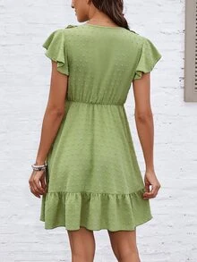 Swiss Dot Flutter Sleeve Ruffle Trim Guipure Lace Detail Tie Front Dress - Lime Green - View 2