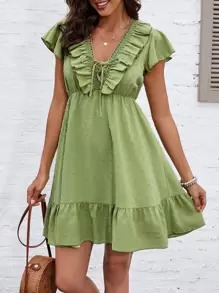 Swiss Dot Flutter Sleeve Ruffle Trim Guipure Lace Detail Tie Front Dress - Lime Green - View 1