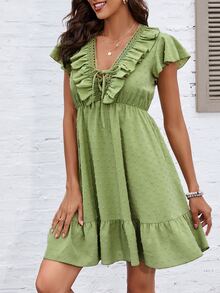 Swiss Dot Flutter Sleeve Ruffle Trim Guipure Lace Detail Tie Front Dress - Lime Green - View 6