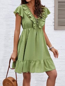 Swiss Dot Flutter Sleeve Ruffle Trim Guipure Lace Detail Tie Front Dress - Lime Green - View 7