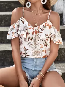 SHEIN VCAY Floral Print Cold Shoulder Ruffle Blouse - White - View 1