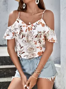 SHEIN VCAY Floral Print Cold Shoulder Ruffle Blouse - White - View 2