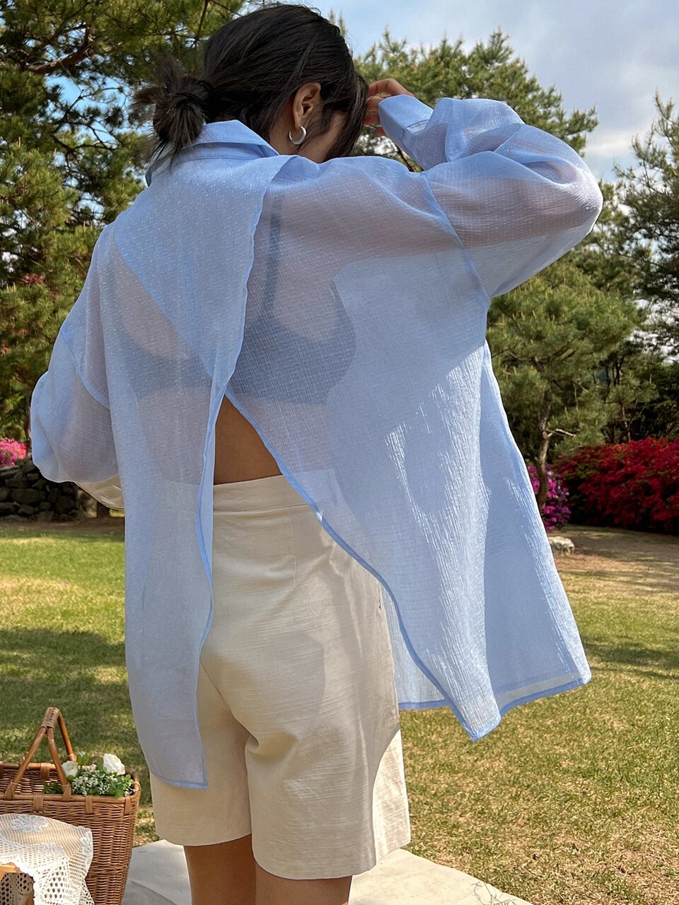 Button Front Drop Shoulder Wrap Hem Shirt Without Bra